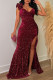 Burgundy Sexy Formal Patchwork Sequins Backless Slit Spaghetti Strap Long Dress Dresses