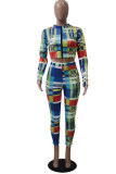 Multi-color Elastic Fly Long Sleeve Mid Striped Print Plaid pencil Pants Two-piece suit