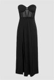 Black Sexy Solid Patchwork See-through Backless Slit Strapless Long Dress Dresses