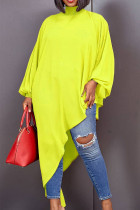 Yellow Casual Solid Asymmetrical Turtleneck Long Sleeve Plus Size Dresses