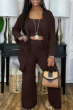 Coffee Casual Solid Patchwork Buckle Cardigan Collar Long Sleeve Three Pieces