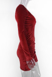 Burgundy Sexy Solid Patchwork Zipper Asymmetrical Collar Wrapped Skirt Dresses