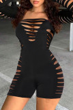 Black Sexy Solid Ripped Hollowed Out Backless Off the Shoulder Skinny Rompers