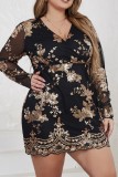 Ink Green Casual Patchwork Sequins V Neck Long Sleeve Plus Size Dresses