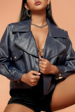 Tibetan Blue Casual Solid Cardigan Turndown Collar Outerwear