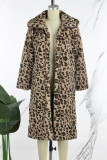Green Casual Leopard Cardigan Turndown Collar Outerwear