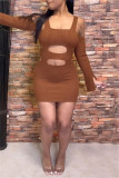Grey Sexy Casual Solid Hollowed Out Square Collar Long Sleeve Dresses