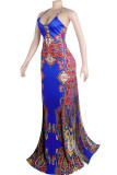 Blue OL Spaghetti Strap Sleeveless V Neck Pencil Dress Floor-Length Bowknot Print backless Dresses