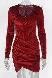 Burgundy Sexy Solid Patchwork Zipper Asymmetrical Collar Wrapped Skirt Dresses
