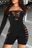 Black Sexy Solid Ripped Hollowed Out Backless Off the Shoulder Skinny Rompers