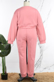 Pink Casual Solid Basic O Neck Plus Size Two Pieces