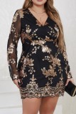 Ink Green Casual Patchwork Sequins V Neck Long Sleeve Plus Size Dresses