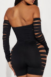 Black Sexy Solid Ripped Hollowed Out Backless Off the Shoulder Skinny Rompers