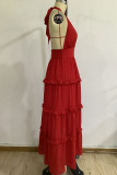 Red Casual Solid Bandage Backless Halter Long Dress Dresses