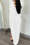 White Sexy Casual Solid Patchwork Slit O Neck One Step Skirt Dresses