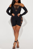 Black Sexy Solid Ripped Hollowed Out Backless Off the Shoulder Skinny Rompers