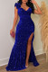 Blue Sexy Formal Patchwork Sequins Backless Slit Spaghetti Strap Long Dress Dresses
