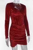 Burgundy Sexy Solid Patchwork Zipper Asymmetrical Collar Wrapped Skirt Dresses
