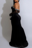 Black Sexy Formal Patchwork Hot Drilling See-through Backless Slit Long Dress (With Sleeves)