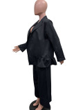 Black Casual Solid Cardigan Pants Turndown Collar Long Sleeve Two Pieces