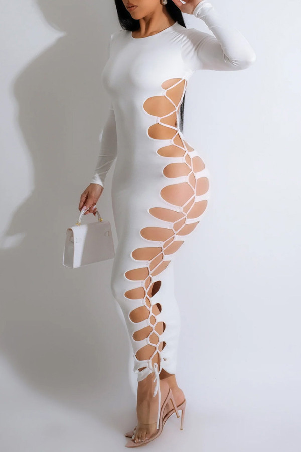 White Sexy Casual Solid Hollowed Out Frenulum O Neck Long Dress Dresses