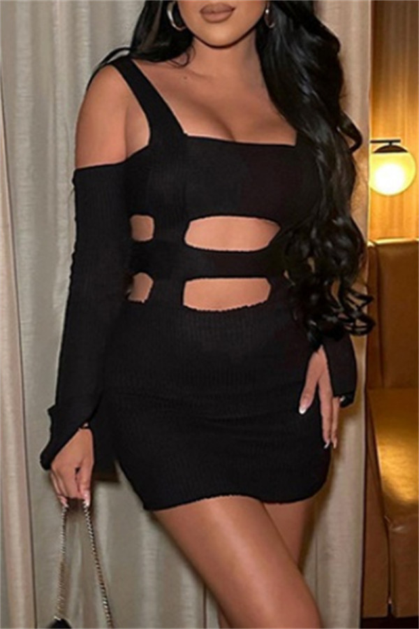 Black Sexy Casual Solid Hollowed Out Square Collar Long Sleeve Dresses