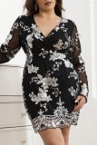 Black Casual Patchwork Sequins V Neck Long Sleeve Plus Size Dresses