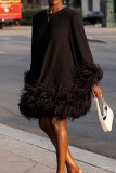 Black Street Solid Patchwork Feathers O Neck Straight Dresses