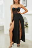 Black Sexy Solid Patchwork See-through Backless Slit Strapless Long Dress Dresses