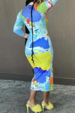 Turquoise Casual Print Basic Half A Turtleneck Long Sleeve Dresses