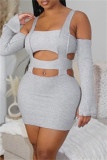 Grey Sexy Casual Solid Hollowed Out Square Collar Long Sleeve Dresses