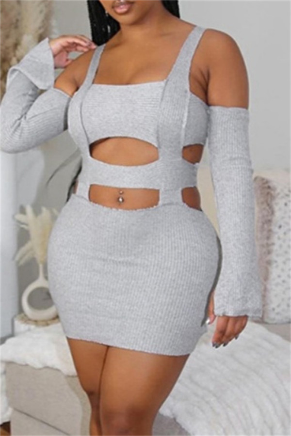 Grey Sexy Casual Solid Hollowed Out Square Collar Long Sleeve Dresses