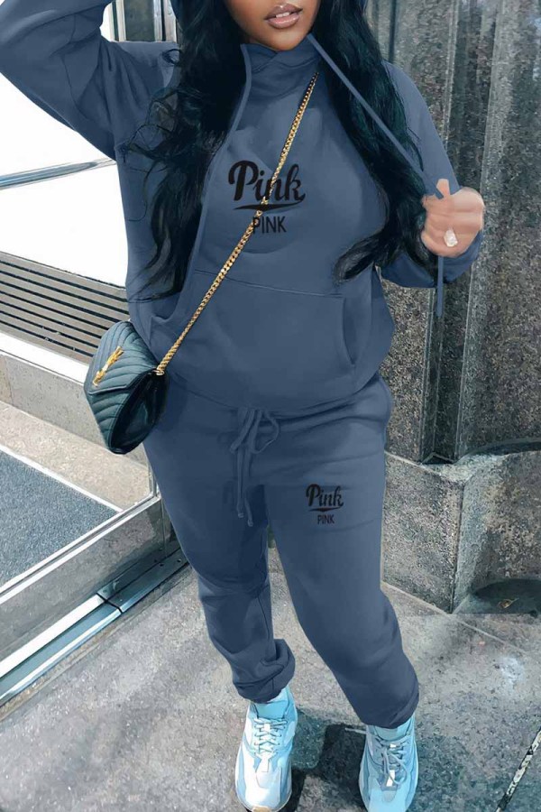 Gray Blue Casual Print Letter Hooded Collar Long Sleeve Two Pieces