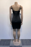 Black Sexy Sweet Daily Party Elegant Patchwork Slit With Bow Contrast Spaghetti Strap Dresses