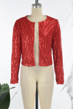 Red Casual Patchwork Sequins Cardigan Outerwear