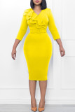 Green Casual Solid With Belt V Neck Pencil Skirt Dresses