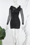 Black Sexy Solid Hollowed Out Patchwork Fold V Neck Long Sleeve Dresses