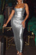 Silver Elegant Solid Patchwork Slit Zipper Spaghetti Strap Long Dress Dresses