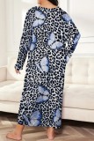 Blue Casual Living Print Basic O Neck Long Sleeve Plus Size Sleepwear Dress