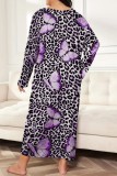 Black Purple Casual Living Print Basic O Neck Long Sleeve Plus Size Sleepwear Dress