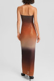 Brown Sexy Casual Gradual Change Print Backless Strapless Long Dress Dresses