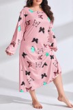 Light Pink Casual Living Print Basic O Neck Long Sleeve Plus Size Sleepwear Dress