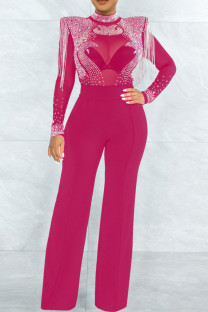 Rose Red Casual Solid Tassel Patchwork See-through Hot Drill Zipper O Neck Regular Jumpsuits
