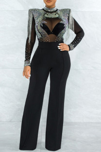 Black Casual Solid Tassel Patchwork See-through Hot Drill Zipper O Neck Regular Jumpsuits