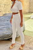 White Casual Solid Basic V Neck Short Sleeve Two Pieces