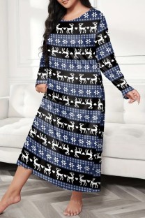 Tibetan Blue Casual Living Print Basic O Neck Long Sleeve Plus Size Sleepwear Dress