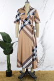 Apricot Brown Casual Daily Plaid Bandage Printing Turndown Collar Short Sleeve Dress Dresses
