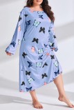 Blue Casual Living Print Basic O Neck Long Sleeve Plus Size Sleepwear Dress