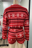 Red Casual Print Patchwork Draw String Christmas Day Sleepwear