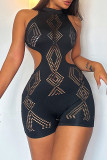 Black Sexy Casual Solid Hollowed Out Backless Half A Turtleneck Skinny Rompers